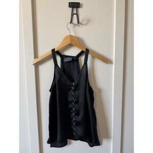 Maeve Anthropologie Black Satin Button Down Racerback Tank Top Petite 0P